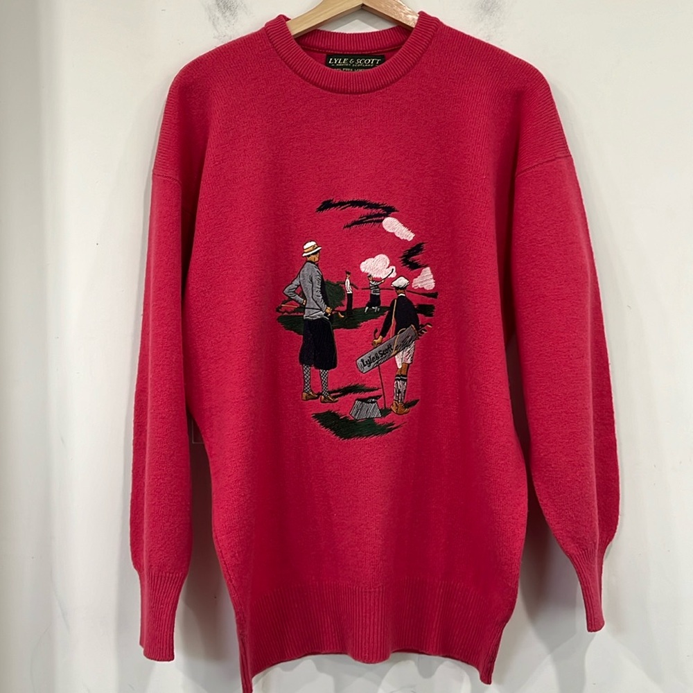 Lyle & Scott Hawick Scotland Lambswool Crewneck Golf Raspberry Red Oversized M